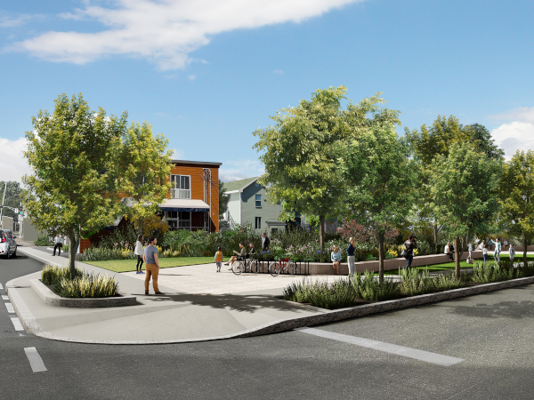 Image d'un îlot de verdure modèle avec des citoyens, des arbres, banc de parc