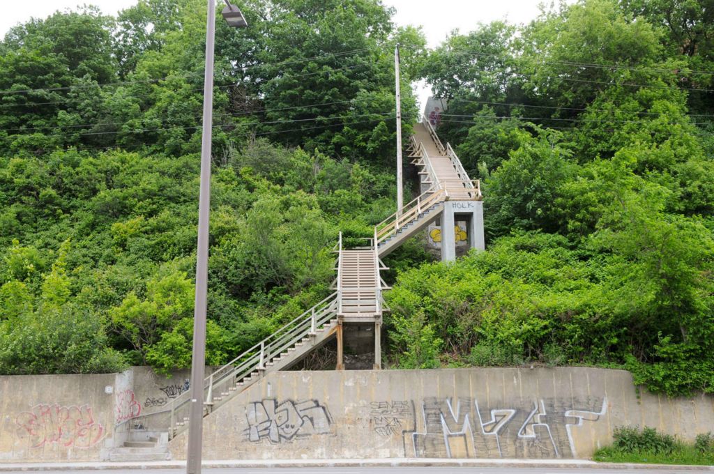 Photo de l'escalier, offerte sur le site de la Ville : la falaise est remplie d'arbres et arbustes très verts et touffus. Escalier en bois, deux places de large.