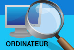 Image sur fond bleu : une loupe scrute un écran plat d'ordinateur.